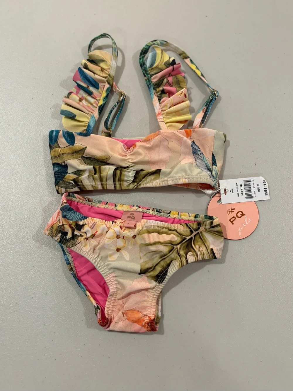 Oasis Tropical Floral Ruffle Bikini in Pink and Green